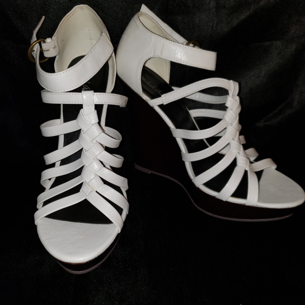 White multi strap wedged heels